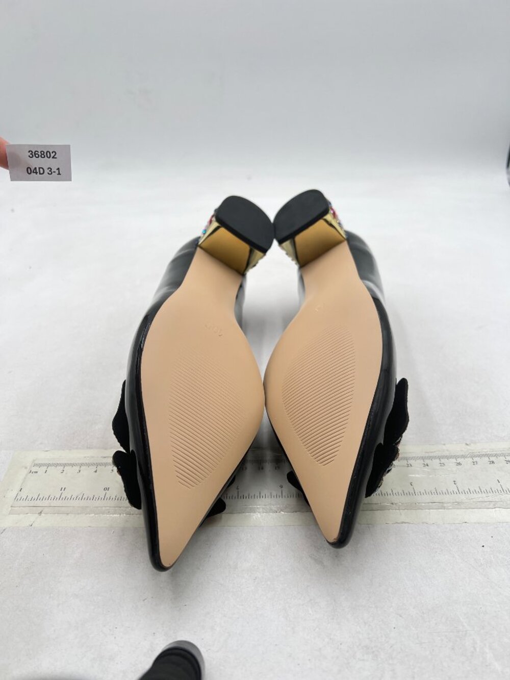 YDN Black Pointed Toe Bow Pump Colorful Rhinestone Block Low Heel Butterfly Shoe - Picture 7 of 8